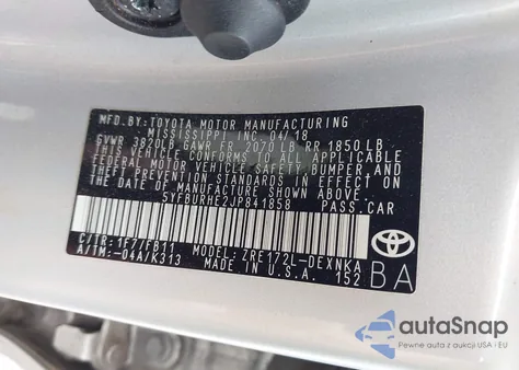 2018 Toyota Corolla Le z USA, uszkodzony, nr VIN 5YFBURHE2JP841858